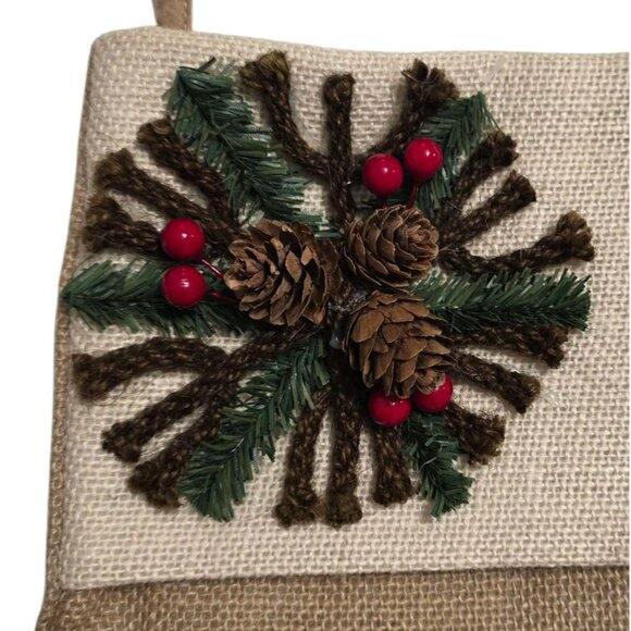 New Rustic Burlap Christmas Stocking Wreath Flower Pinecone Berry Holiday Decor - Picture 2 of 6